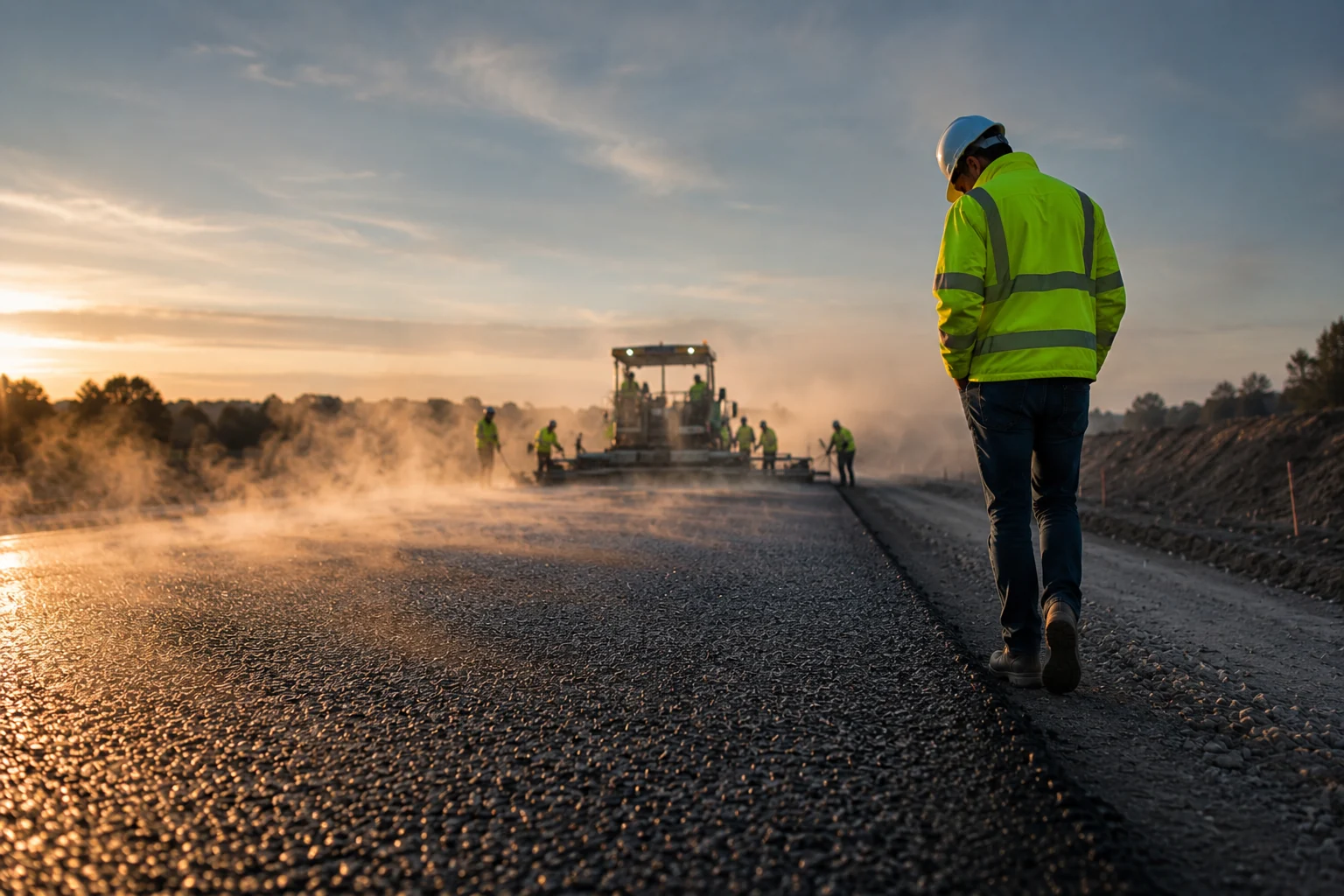 Técnico de obra caminando sobre el asfalto recién extendido al atardecer