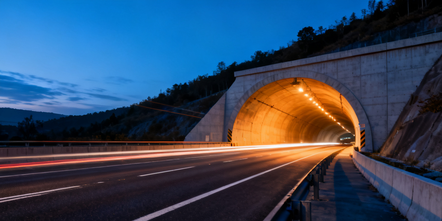 Túnel de infraestructura viaria al atardecer